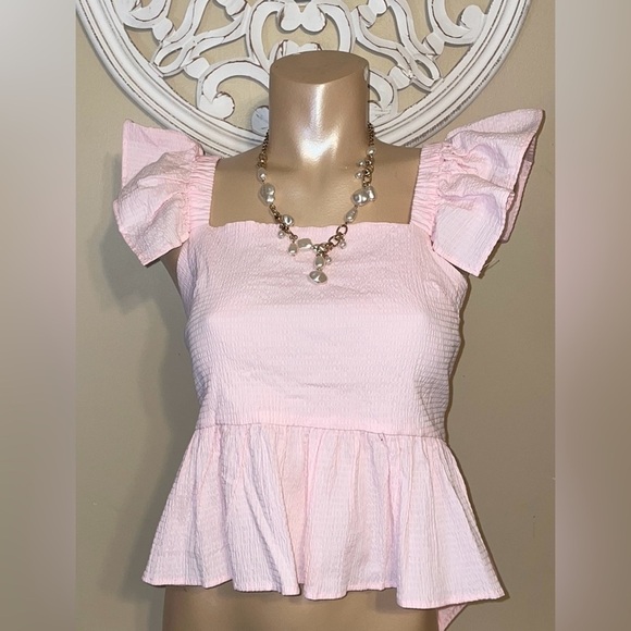 Mi ami women’s blouse large shirt top tie back peplum ruffle pink - Picture 2 of 9